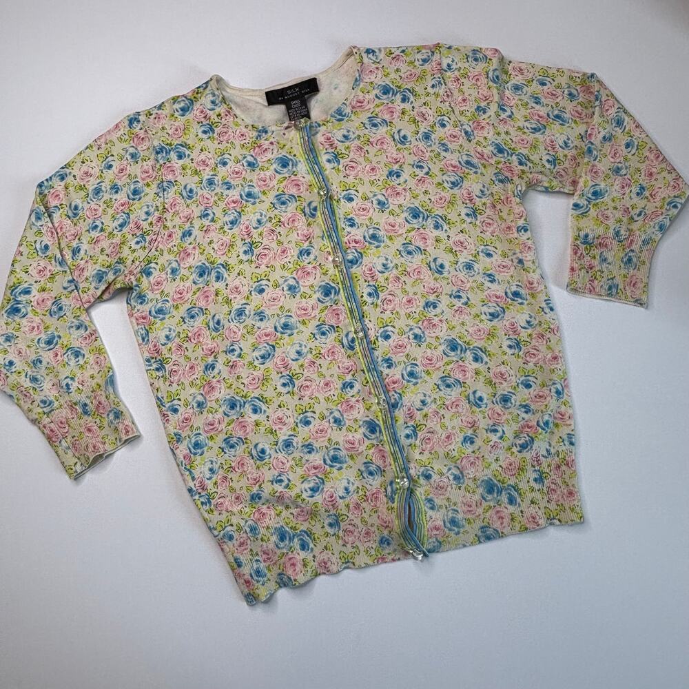 Silx by August Silk Floral Cardigan Sweater | Small | Blue & Pink Roses